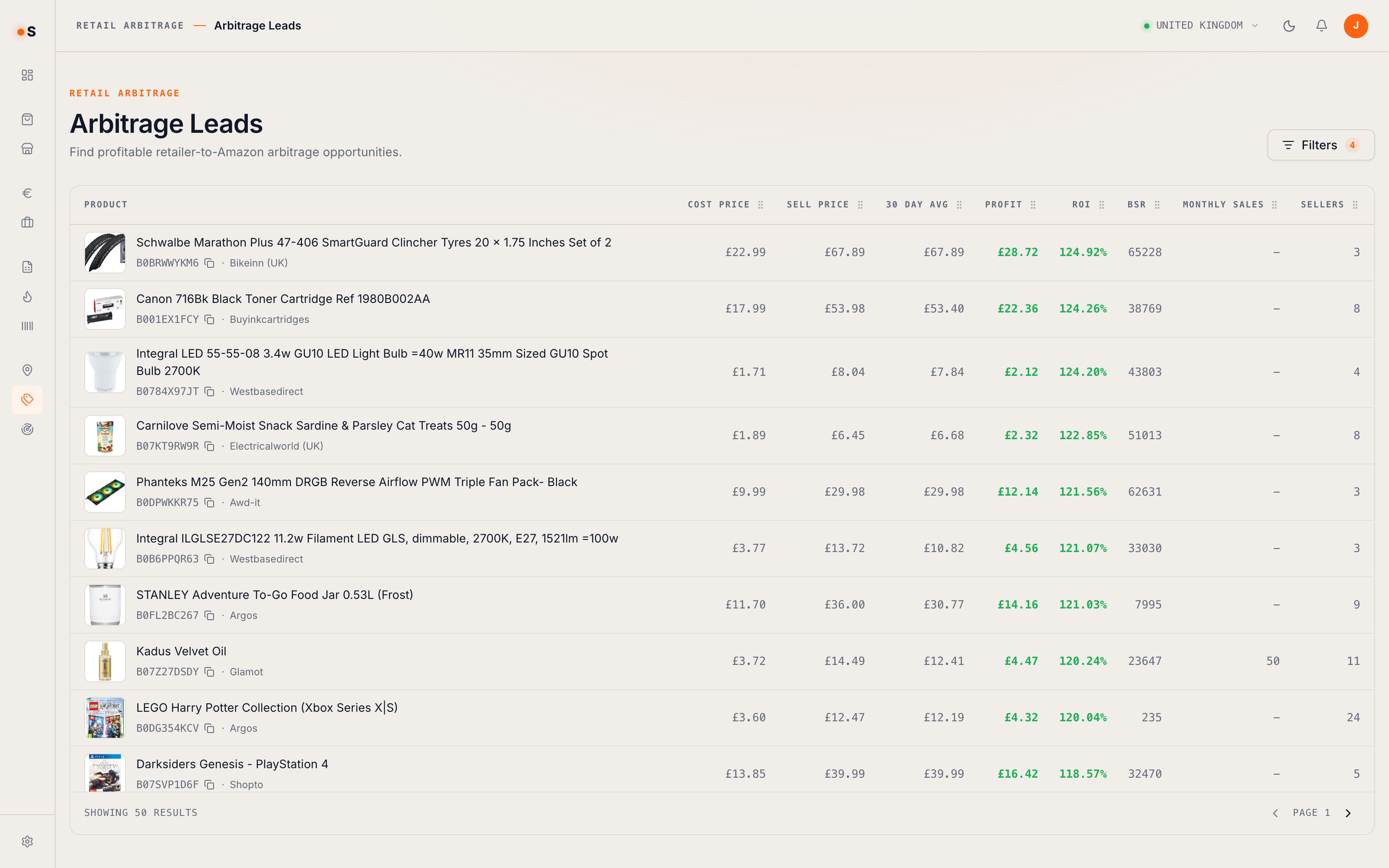 Arbitrage Leads table listing retailer products with the source retailer, cost price, Amazon sell price, 30 day average, profit, ROI, BSR, monthly sales and seller count.