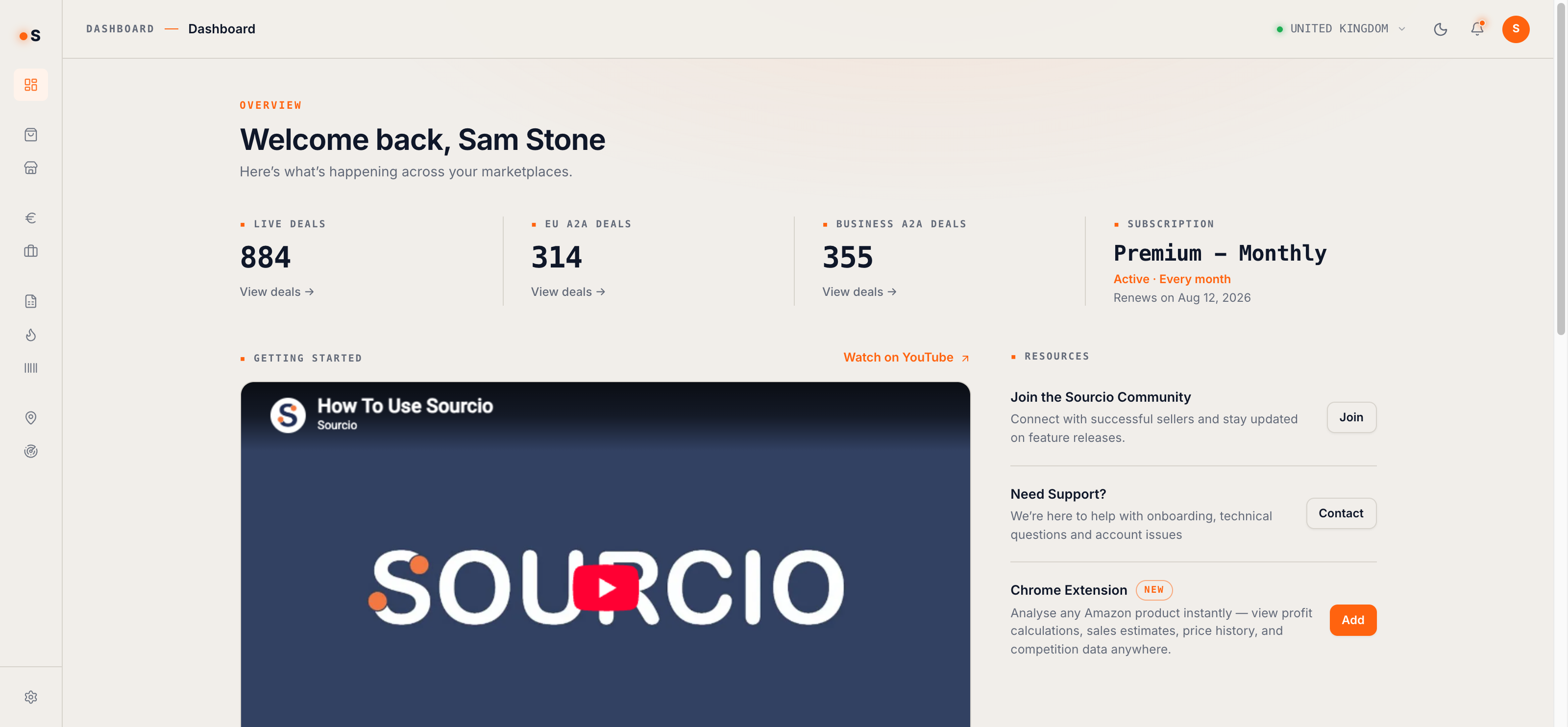The Sourcio dashboard showing live deal counts of 884 wholesale, 314 EU A2A and 355 Business A2A deals, a Premium monthly subscription, a getting-started video and a resources panel.